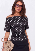 Polka Dot Off Shoulder T-Shirt with Side Waist Pleats Slim Waist Tight Fitting Crop Top Polka Dot Off Shoulder T-Shirt with Side Waist Pleats Slim Waist Tight Fitting Crop Top