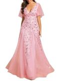 Women V-Neck Sequin Mesh Formal Party Dress（Processing time need 3-6 days）