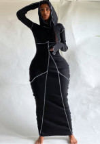 Women's Sexy Contrast Stitch Hooded Long Sleeve Long Dress Women's Sexy Contrast Stitch Hooded Long Sleeve Long Dress