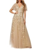Women V-Neck Sequin Mesh Formal Party Dress（Processing time need 3-6 days）