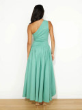 Women Spring/Summer Pleated One-Shoulder Slash Shoulder Irregular Solid Ripped Dress