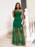 Green Sequin Strapless Mesh Overlay Slim Evening Dress