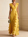 Women solid pleated short-sleeved V-neck chiffon dress