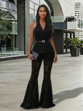 Sleeveless Turndown Collar Pearl Chain Top & Lace Bell Bottom Pants Two-Piece Set