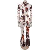 Printed Mesh See-Through Long Sleeve Crop Top & Slim Fit Flared Pants Two-Piece Set