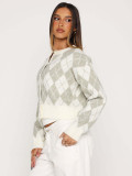 Women spring and autumn diamond pattern short knitting casual round neck sweater