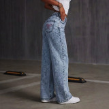 American Low Rise Wide Leg Denim Jeans with Bow Embroidered Back Pockets