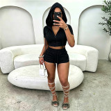 Women's Casual Slim Fit Zip Pocket Hoodies Shorts Two-Piece Set