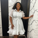 Summer Plus Size Women's Shirt Dress & Beaded Ruffle Slim Waist Two-Piece Set