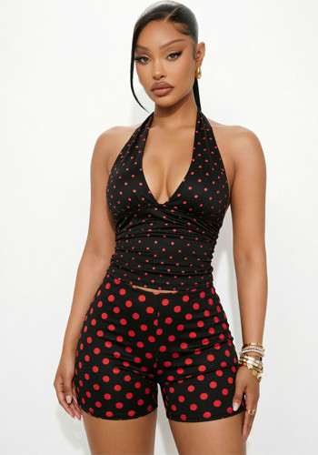 Summer Women's Halter Neck Lace-Up Low Back Ruched Top & Polka Dot High Waist Shorts Set