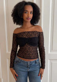 Women See-Through Lace Off Shoulder Long Sleeve Top