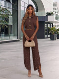 Fashion Sleeveless Turndown Collar Crop Top & Pearl Wide Leg Pants Set