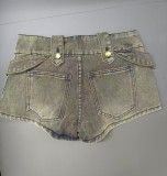 Summer Women's Washed Lace-Up Punk Low Rise Slim Fit Denim Shorts