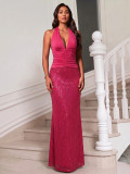 Deep V-Neck Ruched Sleeveless Sequin Sexy Evening Dress