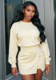 Women Autumn Round Neck Long-Sleeved Hoodies and Drawstring Skirt Two-Piece Set