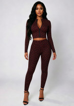 Women Polka Dot Print Long-Sleeved Zipper Top and Pants Two-Piece Set