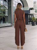 Fashion Sleeveless Turndown Collar Crop Top & Pearl Wide Leg Pants Set