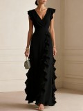 Women solid pleated short-sleeved V-neck chiffon dress