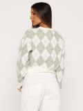 Women spring and autumn diamond pattern short knitting casual round neck sweater