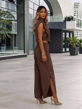 Fashion Sleeveless Turndown Collar Crop Top & Pearl Wide Leg Pants Set