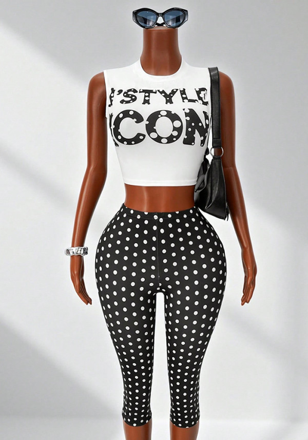 Women's Color Block Polka Dot Sleeveless Crop Top & Cropped Pants Tight Fitting Two-Piece Set