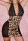 Women Halter Neck Lace Patchwork sexy leopard print see-through dress