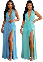 Women's Deep V-Neck Halter Neck Ruched High Slit Maxi Evening Party Dress