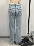 Light Blue Wash Low Rise Wide Leg Denim Jeans with Bow Embroidered Back Pockets