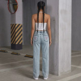 Light Blue Wash Low Rise Wide Leg Denim Jeans with Bow Embroidered Back Pockets