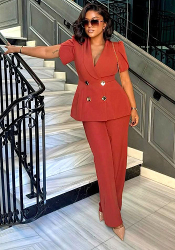 African Chic Short Sleeve Turndown Collar Slim Waist Slim Fit Top & Straight Leg Pants Two-Piece Set
