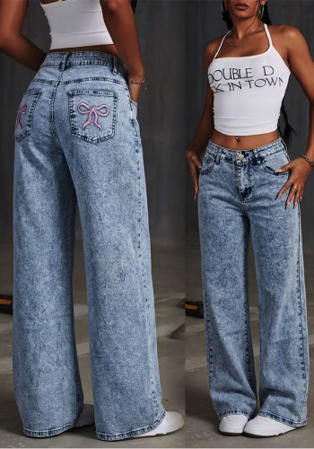 American Low Rise Wide Leg Denim Jeans with Bow Embroidered Back Pockets