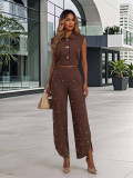 Fashion Sleeveless Turndown Collar Crop Top & Pearl Wide Leg Pants Set