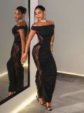 Fashion Lace Patchwork Faux Two-Piece See-Through Off Shoulder Maxi Chic Evening Dress