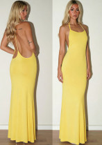 Women Autumn Solid Casual Sleeveless Backless Halter Fishtail Dress