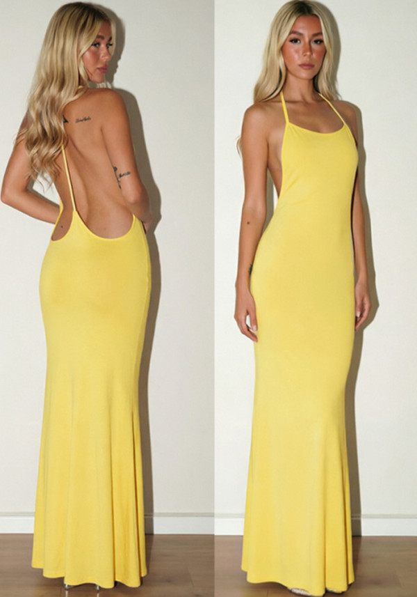 Women Autumn Solid Casual Sleeveless Backless Halter Fishtail Dress