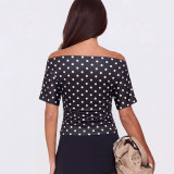 Polka Dot Off Shoulder T-Shirt with Side Waist Pleats Slim Waist Tight Fitting Crop Top