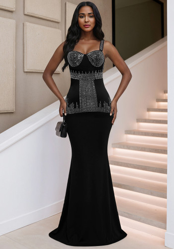 Fashion Beaded Wide Strap Low Back Slim Mermaid Evening Dress