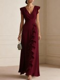 Women solid pleated short-sleeved V-neck chiffon dress
