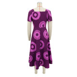 Women printed holiday square neck ribbon summer dress