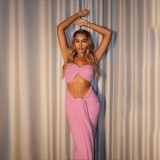 Women Spring Summer Sexy Strapless Vest Solid Crop Top and Tie Skirt Two-Piece Set