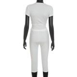 Women Autumn V-Neck Cross-Pleated Wrap-Up Short-Sleeved Top and Capri Pants Two-Piece Set