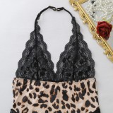 Women Halter Neck Lace Patchwork sexy leopard print see-through dress