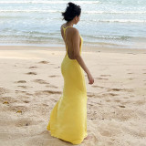 Women Autumn Solid Casual Sleeveless Backless Halter Fishtail Dress