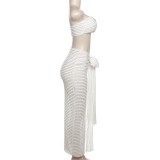 Women Spring Summer Sexy Strapless Vest Solid Crop Top and Tie Skirt Two-Piece Set