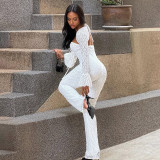 Women Sexy Strapless Lace Hollow-Out Drawstring Long-Sleeved Jumpsuit