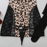 Women Halter Neck Lace Patchwork sexy leopard print see-through dress