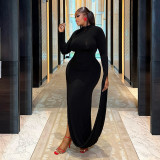 Women Solid Half-High Neck Asymmetrical Sleeve Dress