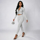 Women Polka Dot Print Long-Sleeved Zipper Top and Pants Two-Piece Set