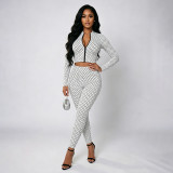 Women Polka Dot Print Long-Sleeved Zipper Top and Pants Two-Piece Set