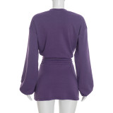 Women Autumn Round Neck Long-Sleeved Hoodies and Drawstring Skirt Two-Piece Set
